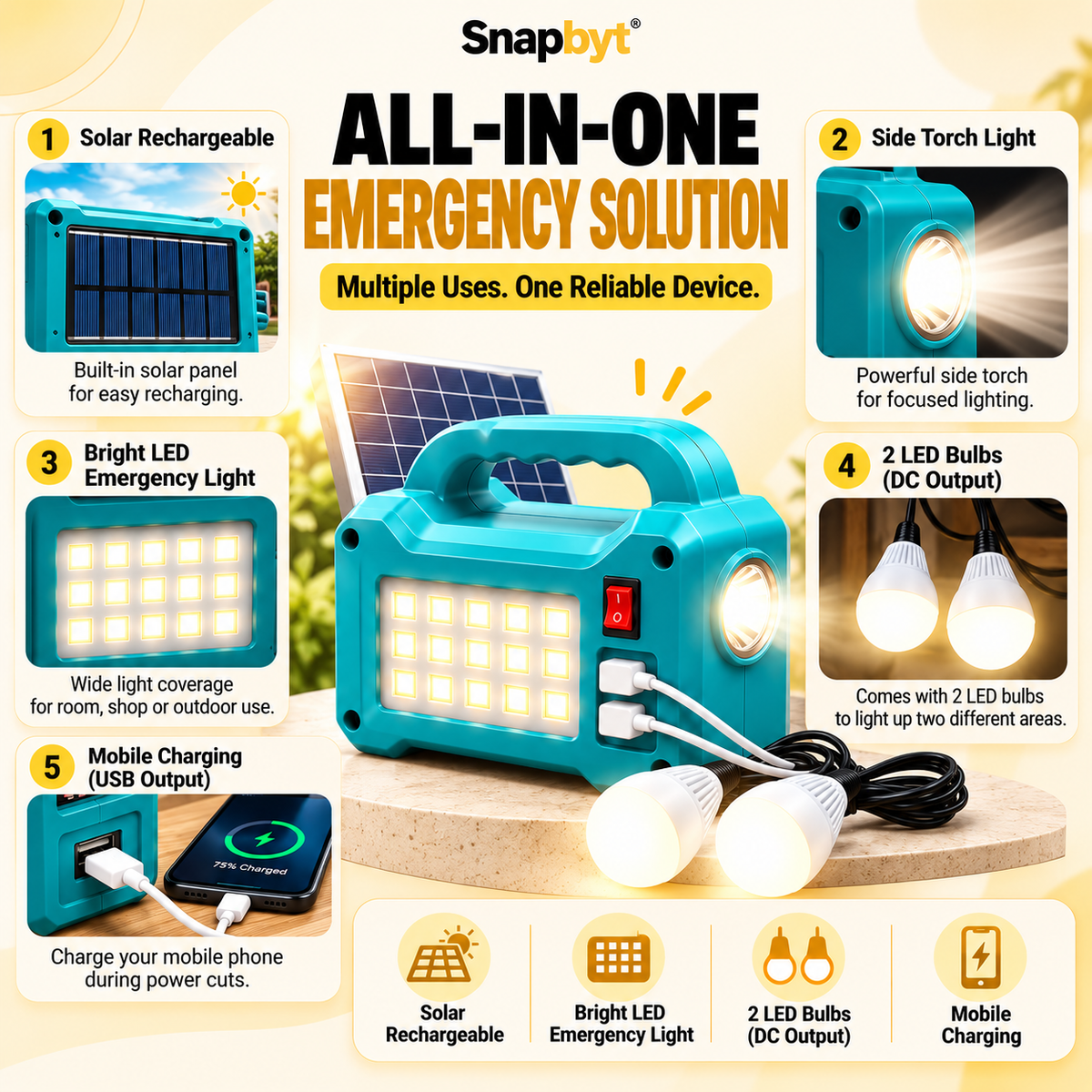 SOLAR INVERTER EMERGENCY TORCH WITH 2 LED BULB