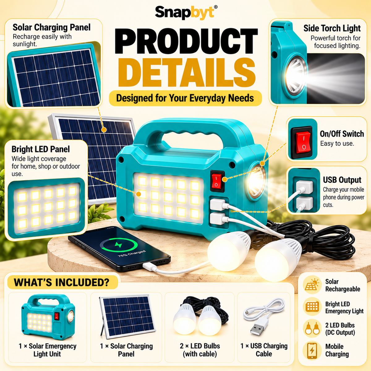 SOLAR INVERTER EMERGENCY TORCH WITH 2 LED BULB