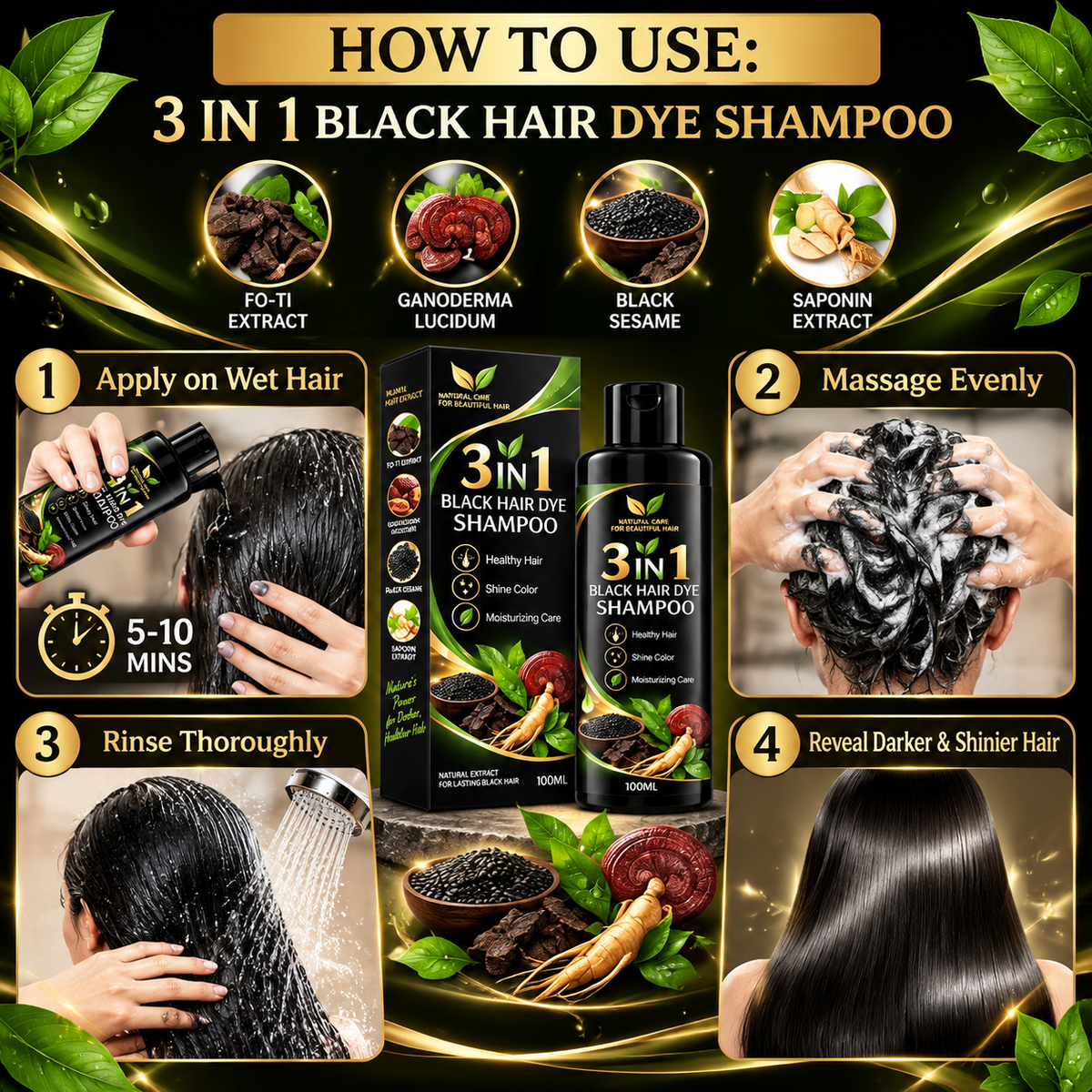 3 In 1 Black Hair Dye Shampoo (BUY 1 GET 1 FREE)